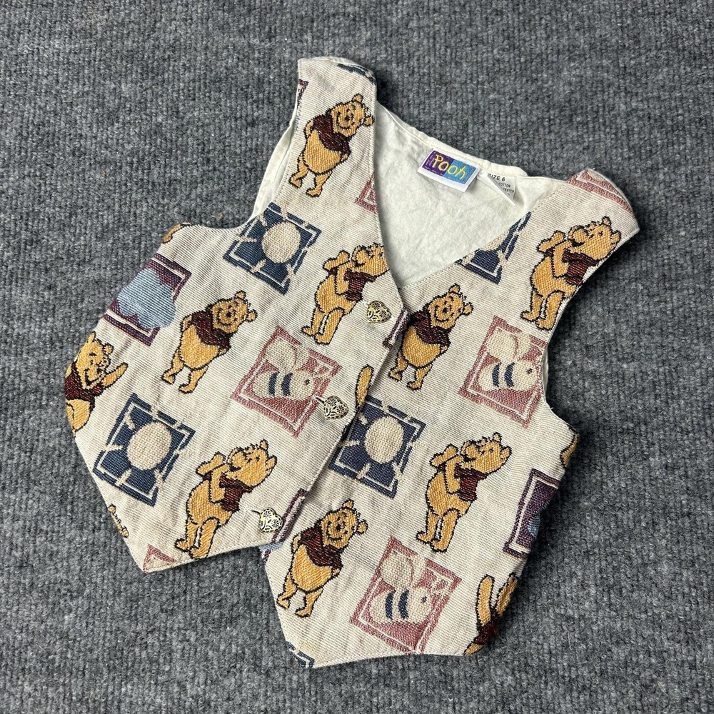 Pooh Vest Kids 6 Beige Winnie The Pooh Button Lined Tapestry Bear Print Graphic